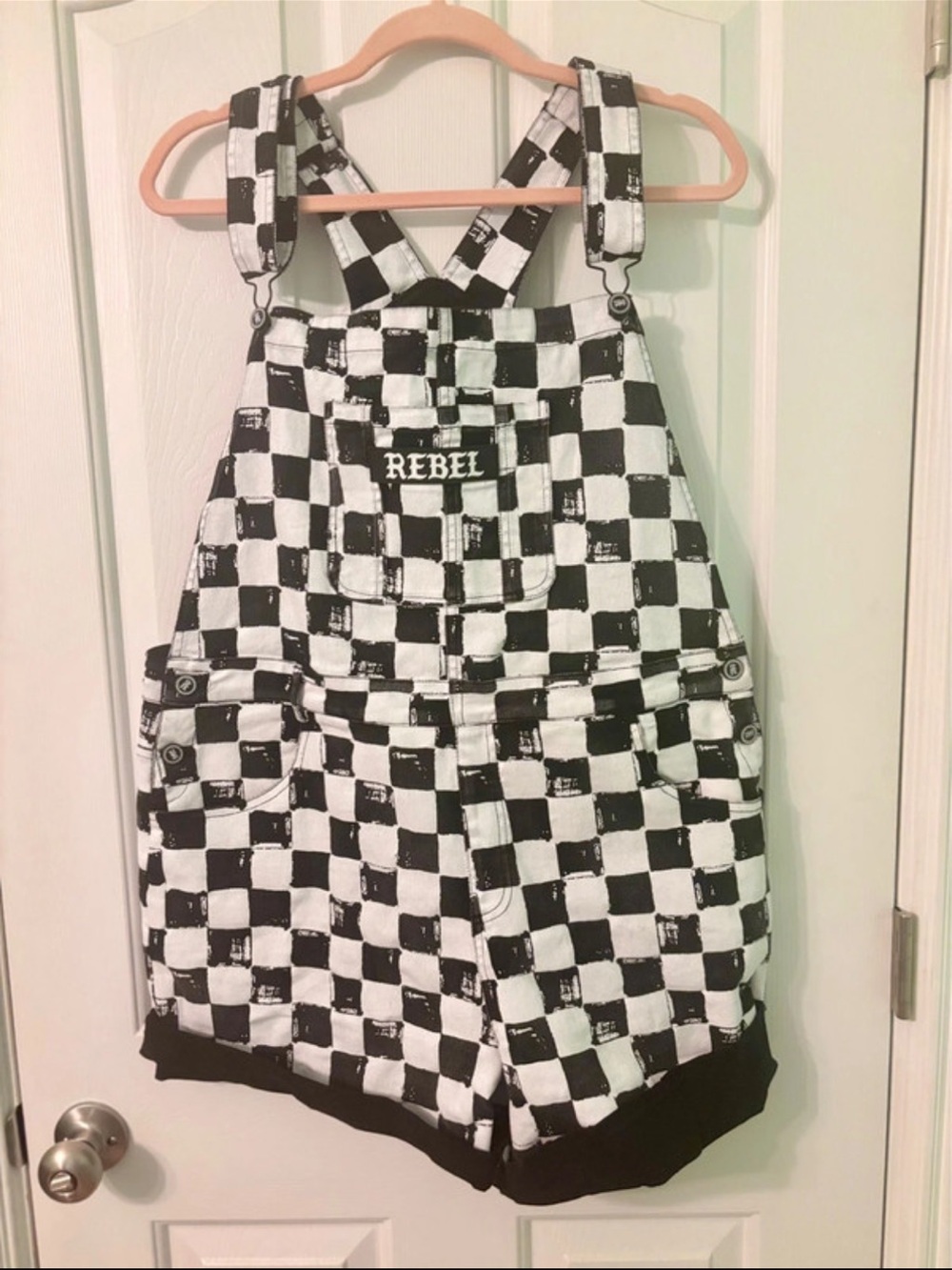 Rebel bro women’s Black & White Checkered Overalls cut off Shorts